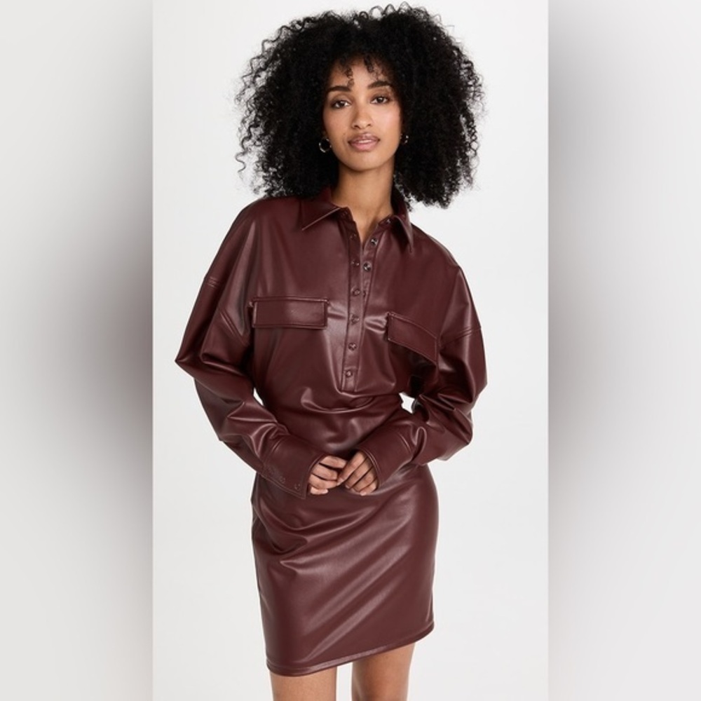 Sally LAPOINTE NWT XS Mahogany Brown Faux Leather Collared Mini Shirtdress Dress
